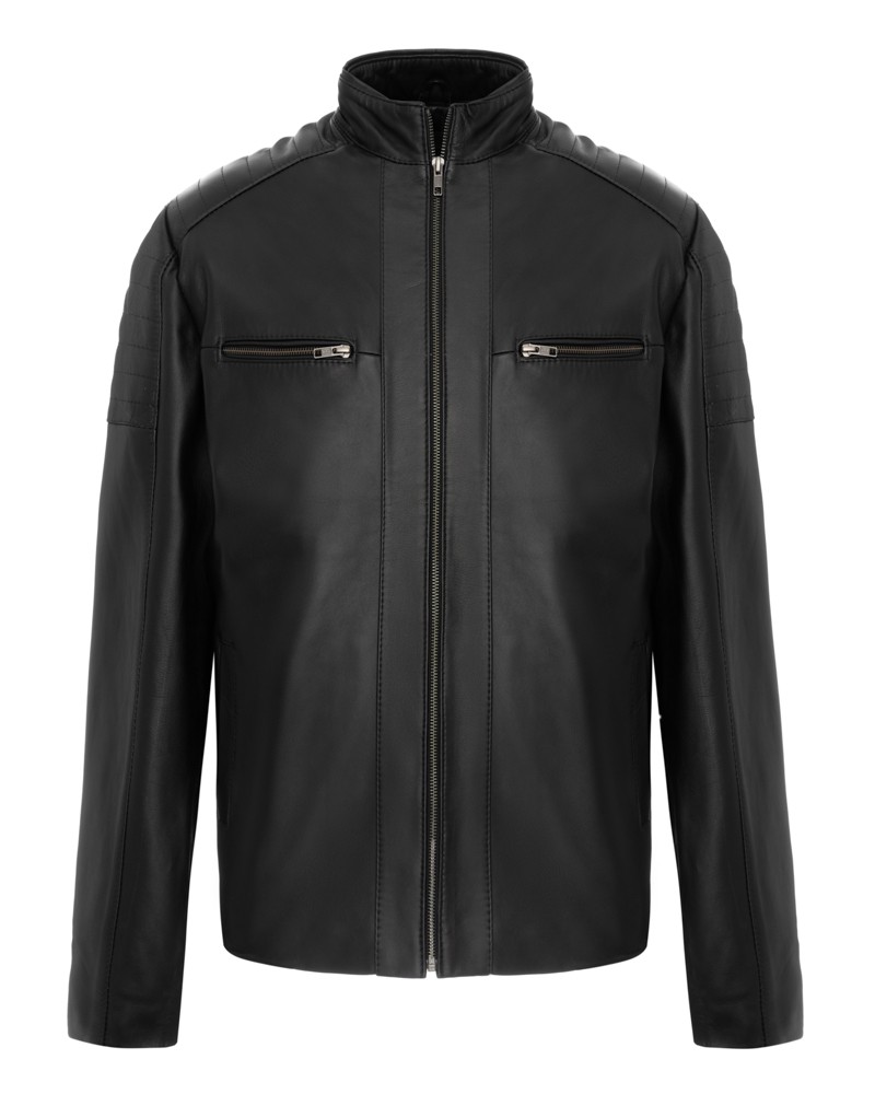 Kurtka skórzana męska w kolorze czarnym z zamkiem błyskawicznym i kieszeniami na piersiach