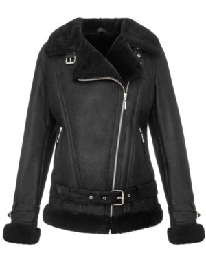 Kożuch damski w kolorze czarnym z futrzanym kołnierzem i paskiem w talii