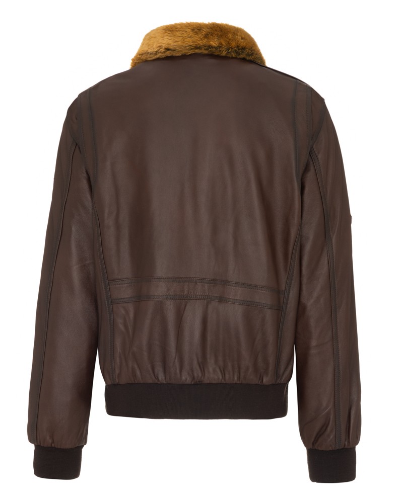 Pilotka skórzana w brązowym kolorze z futrzanym kołnierzem i elastycznym dołem oraz mankietami