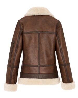 Kożuch damski z futrzanym kołnierzem i mankietami, klasyczny krój z detalami na rękawach