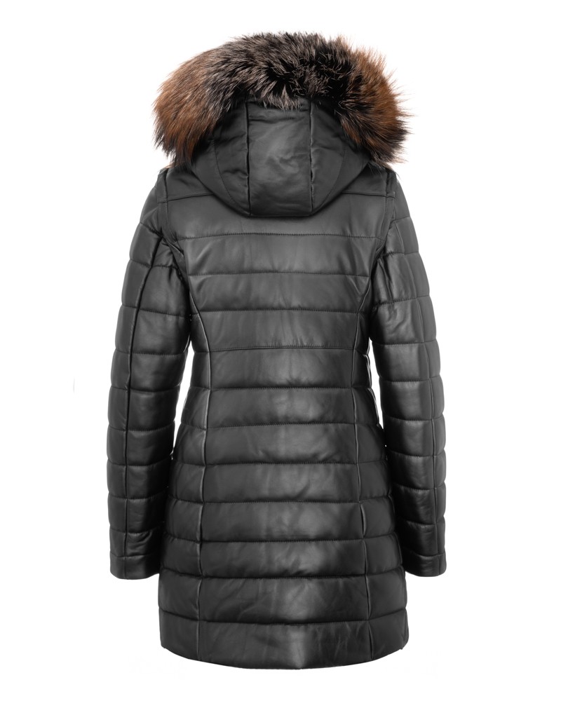 Płaszcz skórzany damski z kapturem i futrzanym wykończeniem, pikowana, z długimi rękawami