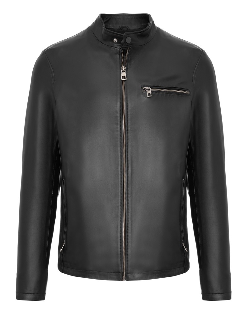Kurtka skórzana męska w kolorze czarnym, z kołnierzem, zamkiem i kieszenią na piersi