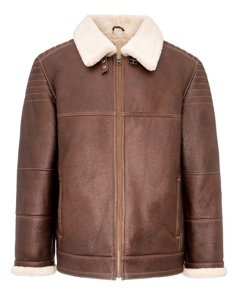 Kożuch męski w kolorze brązowym z futrzanym kołnierzem i zapięciem na zamek