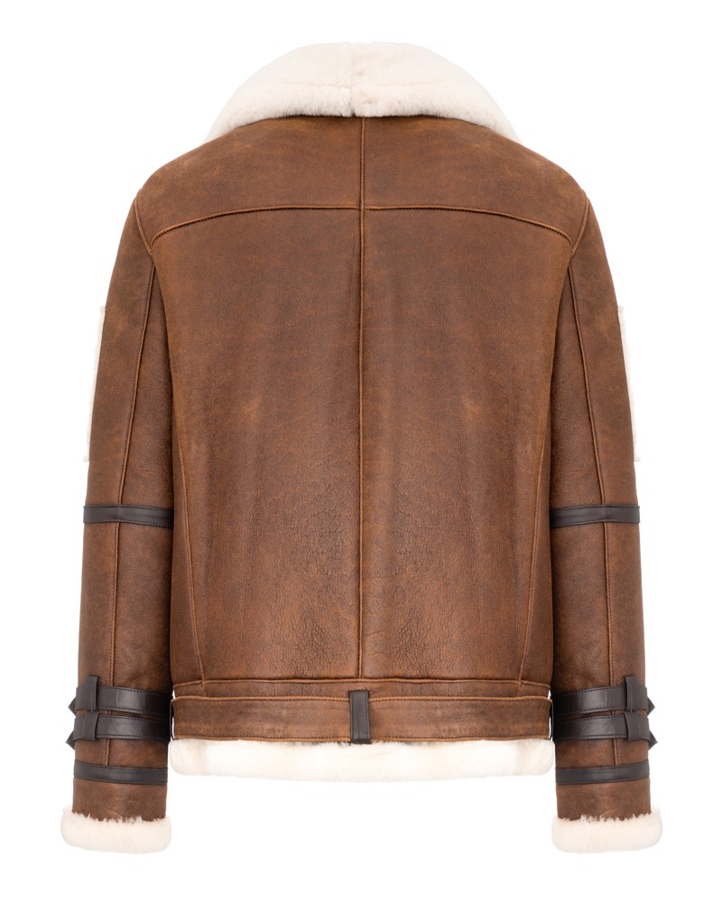 Kożuch męski w brązowym kolorze z białym futrem, z paskami na rękawach i kołnierzem