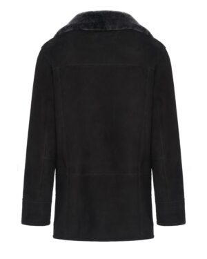 Czarny kożuch męski z miękkim kołnierzem, prosty krój, idealny na zimowe dni