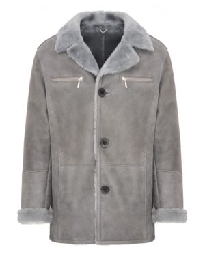 Kożuch męski w szarym kolorze z kołnierzem z futra i zamkami błyskawicznymi na kieszeniach