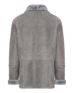 Kożuch męski w szarym kolorze z miękkim futrzanym kołnierzem i mankietami