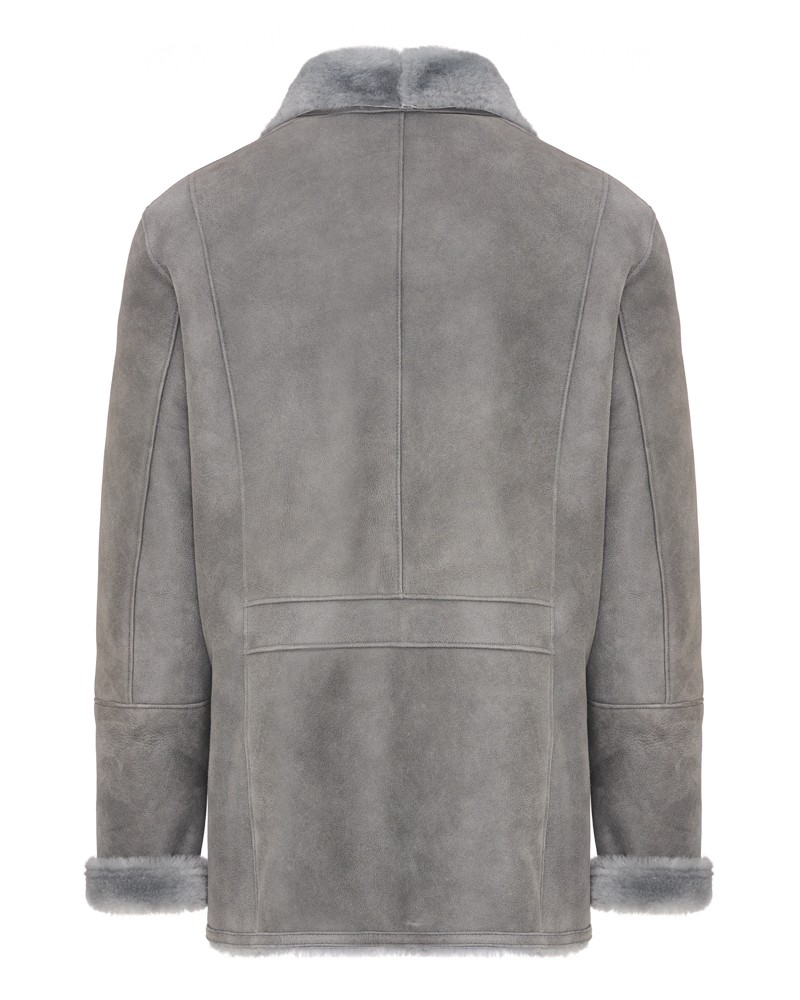 Kożuch męski w szarym kolorze z miękkim futrzanym kołnierzem i mankietami