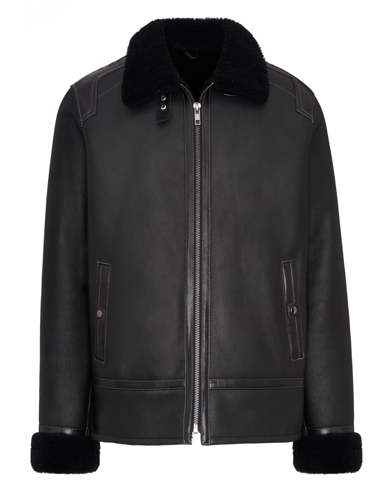 Kożuch męski z kołnierzem z futra, zapinana na zamek, z kieszeniami po bokach