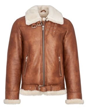 Kożuch męski w kolorze camel z futrzanym kołnierzem i paskiem w dolnej części