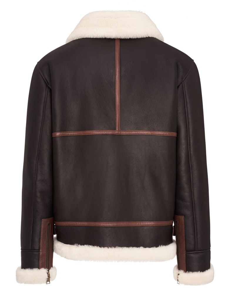 Kożuch męski z futrzanym kołnierzem i brązowymi detalami na rękawach