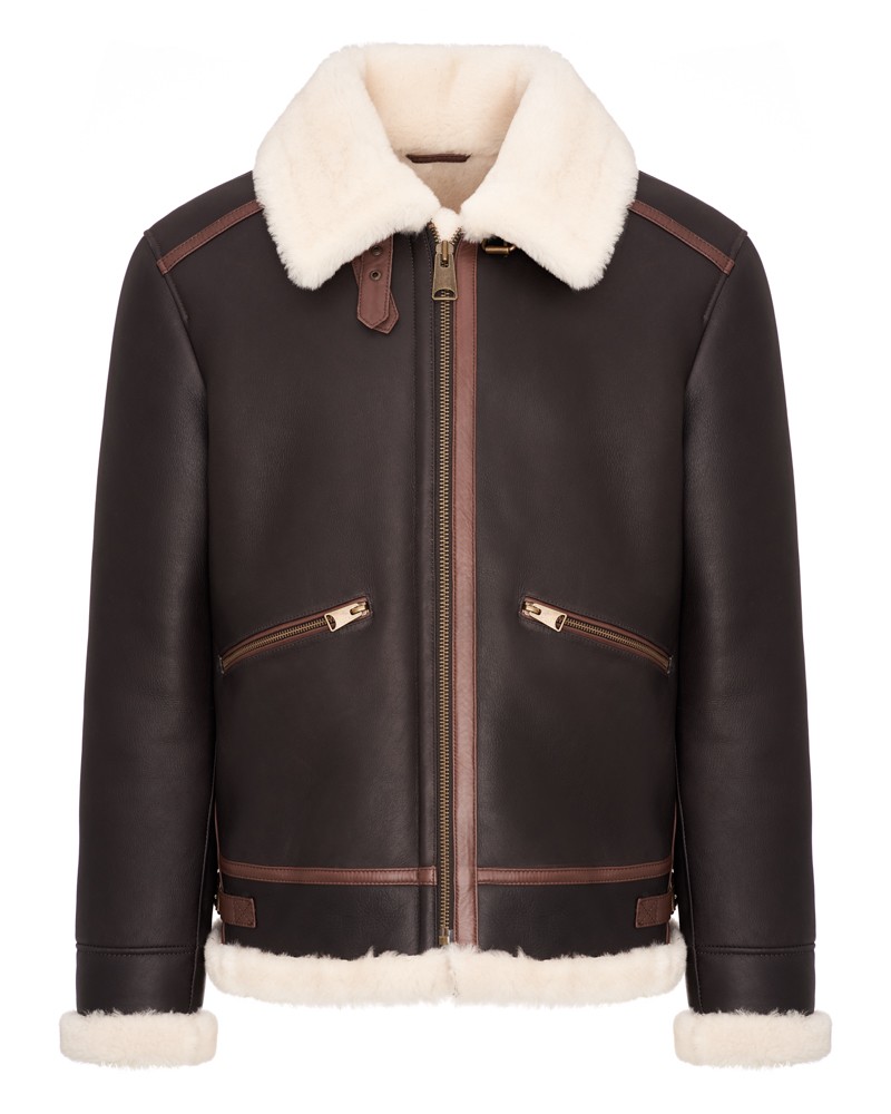 Kożuch męski w ciemnym kolorze z futrzanym kołnierzem i brązowymi detalami