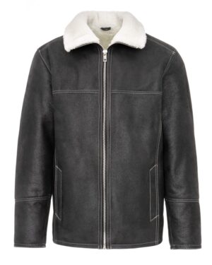 Siwy kożuch męski z miękkim futrzanym kołnierzem i zamkiem błyskawicznym z przodu