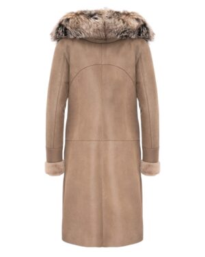 Kożuch damski w kolorze beżowym z futrzanym kapturem i miękkimi mankietami, elegancki krój na zimowe dni
