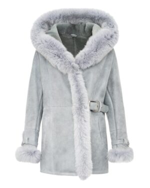 Kożuch damski w jasnoszarym kolorze z futrzanym kołnierzem i pasem w talii, idealny na zimowe dni