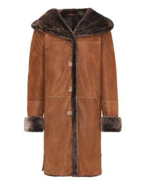 Kożuch damski w kolorze brązowym z szerokim kołnierzem i guzikami, idealny na zimowe dni