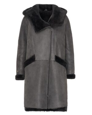 Kożuch damski w kolorze szarym z dużym futrzanym kołnierzem i zapięciem na zamek błyskawiczny