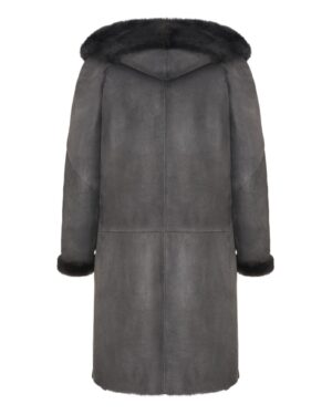 Kożuch damski w ciemnoszarym kolorze z kapturkiem i futrzanym wykończeniem na rękawach