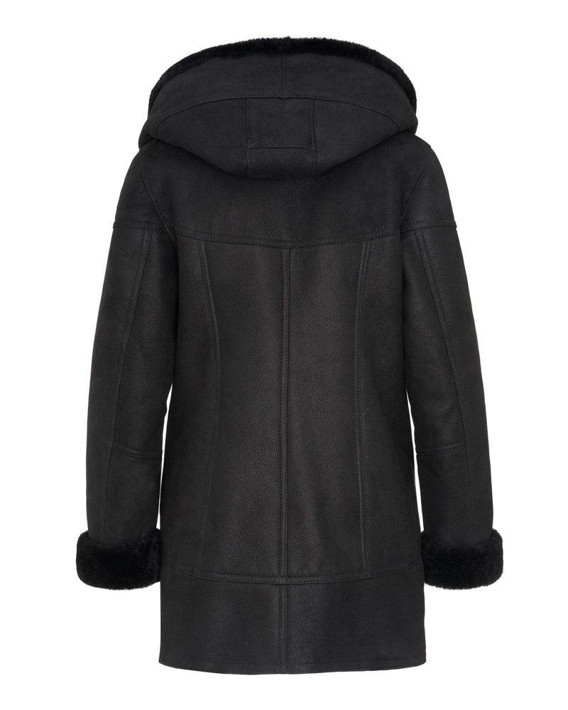 Czarny kożuch damski z kapturem i futrzanymi mankietami, idealny na zimowe dni