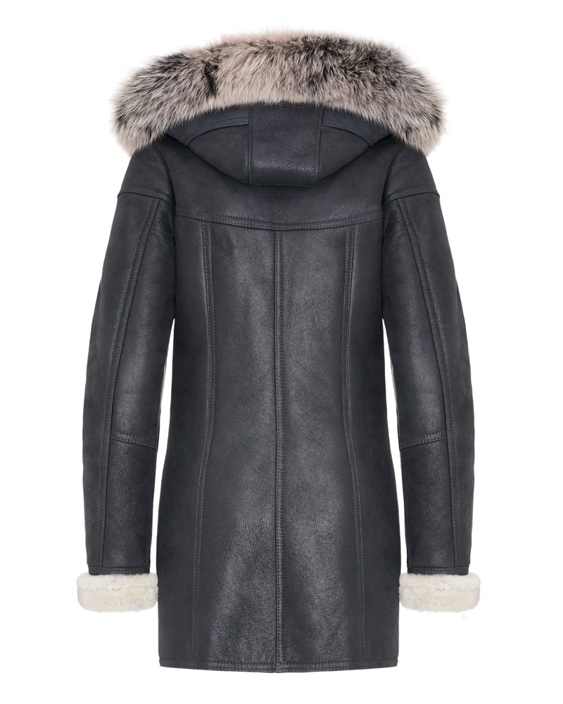 Czarny kożuch damski z kapturem i futrzanym wykończeniem, idealny na zimowe dni