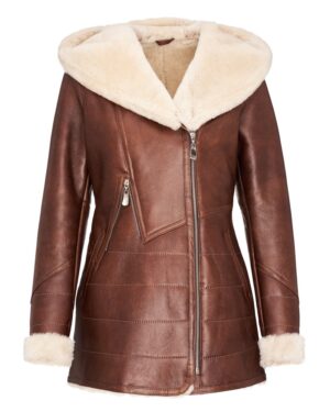 Kożuch damski w kolorze brązowym z futrzanym kapturem i bocznymi zamkami błyskawicznymi