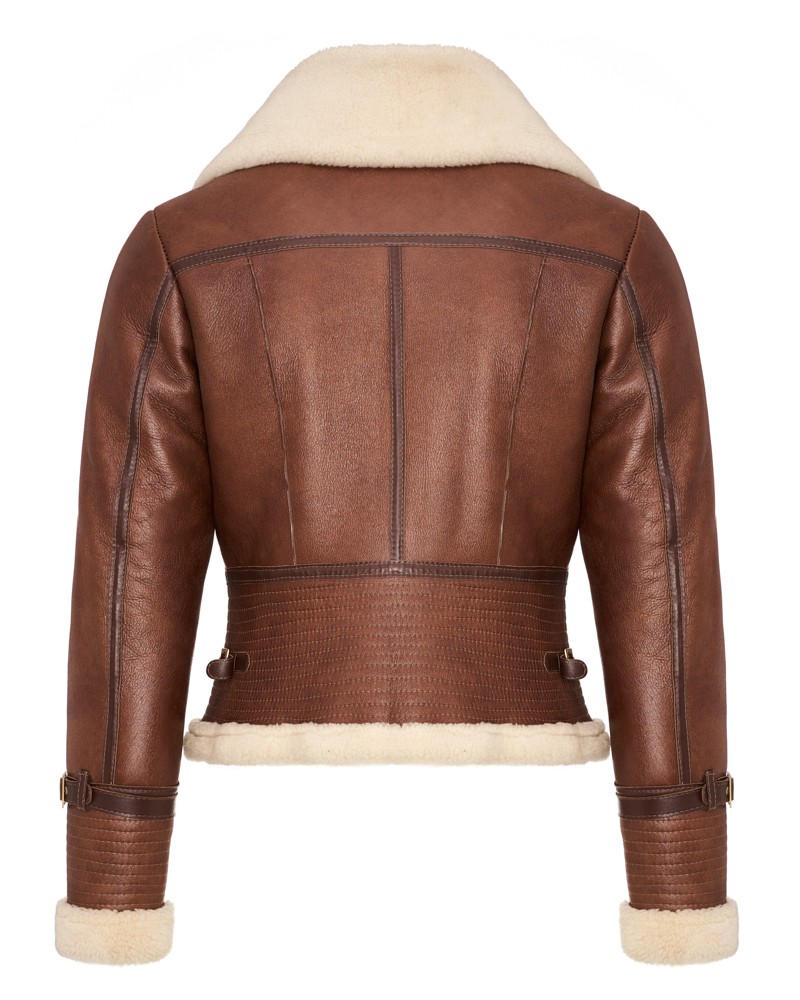 Kożuch damski w brązowym kolorze z futrzanym kołnierzem i regulowanym paskiem w talii