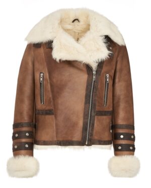 Kożuch damski w kolorze brązowym z futrzanym kołnierzem i ozdobnymi paskami na rękawach