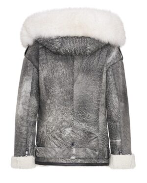 Kożuch damski w odcieniu szarości z futrzanym kołnierzem i mankietami, z kapturem i zamkiem błyskawicznym