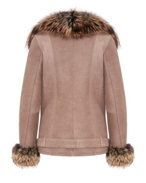 Kożuch damski w odcieniu beżu z futrzanym kołnierzem i mankietami, elegancki krój z paskiem w talii