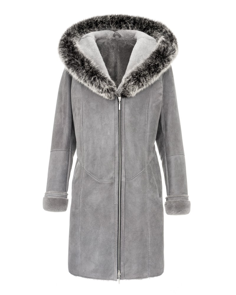 Kożuch damski w szarym kolorze z futrzanym kapturem i zapięciem na zamek, elegancki krój i ciepłe wykończenie
