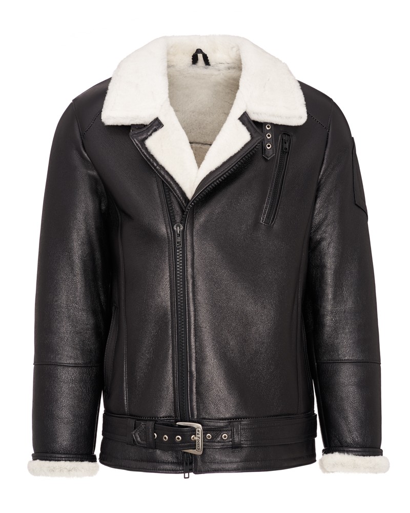 Kożuch męski z futrzanym kołnierzem i paskiem w talii, idealny na zimowe dni