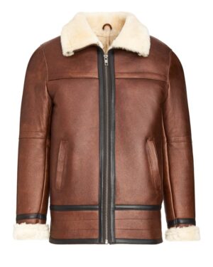 Kożuch męski w kolorze brązowym z futrzanym kołnierzem i bocznymi kieszeniami