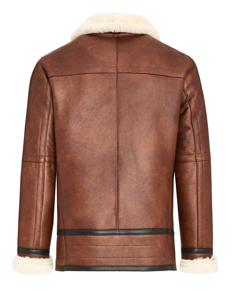 Kożuch męski w brązowym kolorze z futrzanym kołnierzem i mankietami, elegancki krój z detalami w czerni