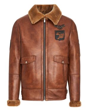 Kożuch męski w brązowym kolorze z futrzanym kołnierzem i kieszeniami na przodzie