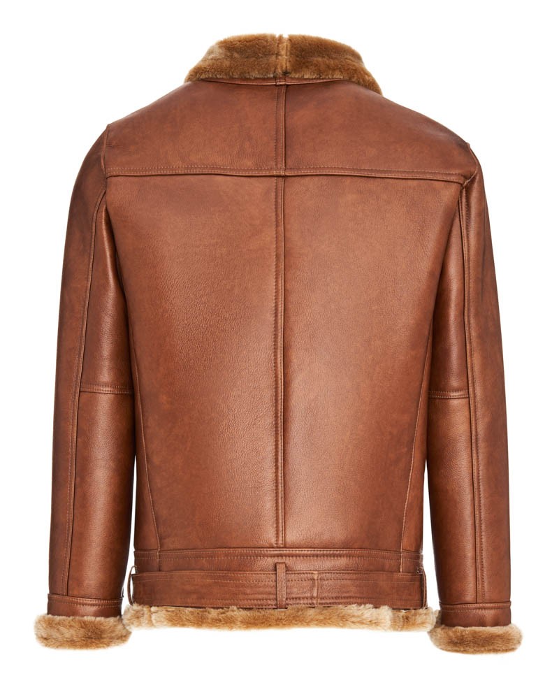 Kożuch męski w kolorze brązowym, z futrzanym kołnierzem i wykończeniem rękawów