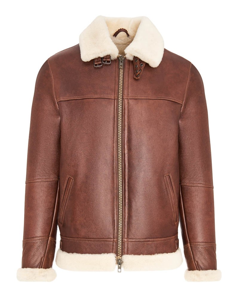 Kożuch męski w brązowym kolorze z białym futrzanym kołnierzem i zamkiem błyskawicznym