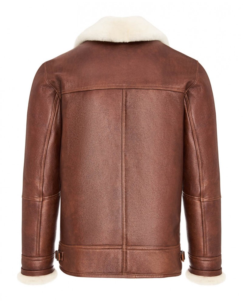 Kożuch męski w brązowym kolorze z futrzanym kołnierzem i regulowanym paskiem w dolnej części