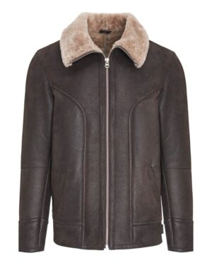 Kożuch męski w ciemnym kolorze z kołnierzem z futra i zamkiem błyskawicznym z przodu