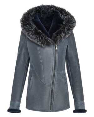 Kożuch damski w odcieniu granatowym z futrzanym kapturem i eleganckim zamkiem błyskawicznym
