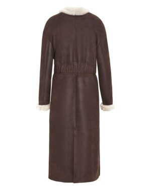 Kożuch damski w ciemnobrązowym kolorze z futrzanym kołnierzem i paskiem w talii