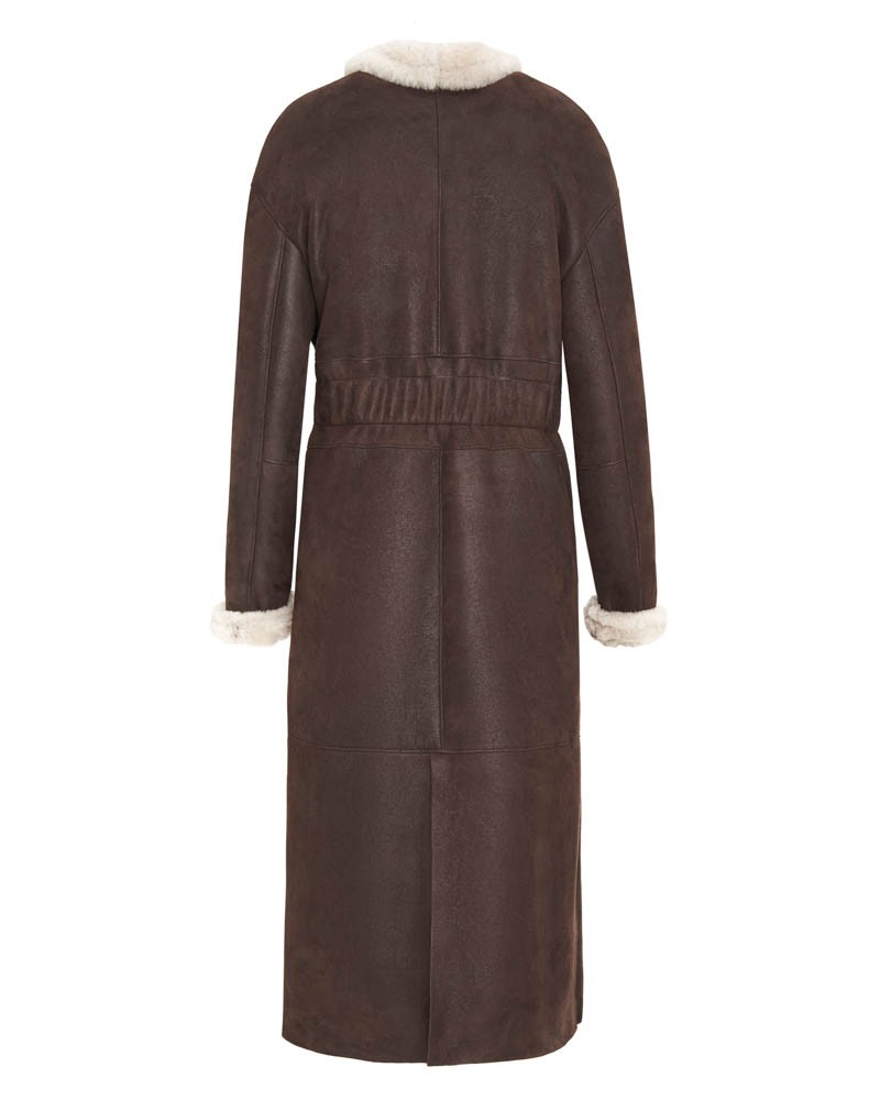 Kożuch damski w ciemnobrązowym kolorze z futrzanym kołnierzem i paskiem w talii