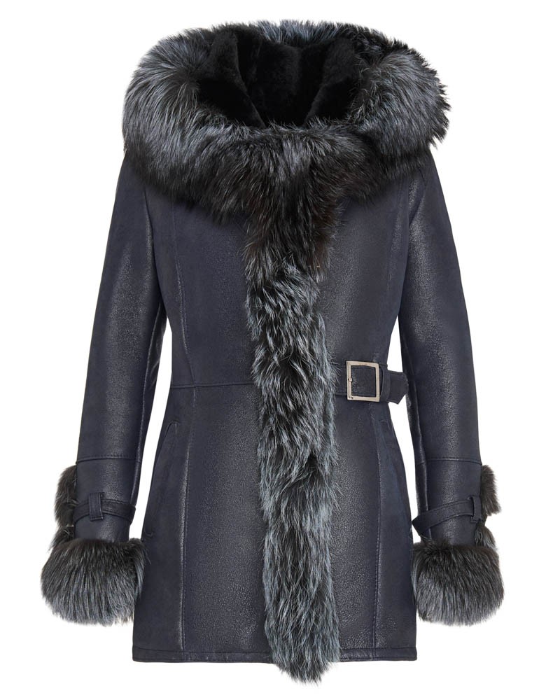 Kożuch damski w ciemnoniebieskim kolorze z futrzanym kołnierzem i paskiem w talii