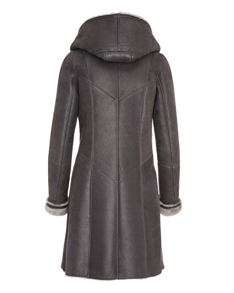 Kożuch damski z kapturem i futrzanym wykończeniem na mankietach