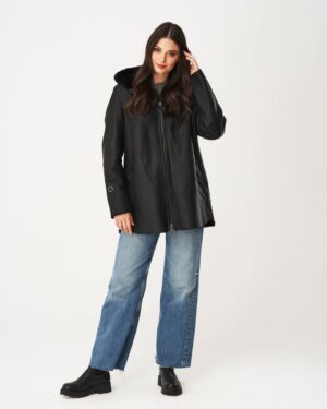 Kożuch damski z kapturem, zapinana na zamek, z kieszeniami i luźnym krojem