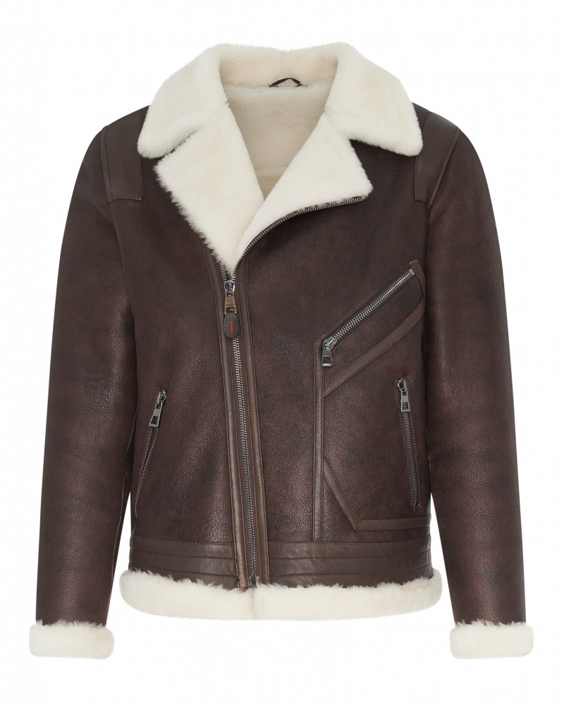 Kożuch męski w brązowym kolorze z białym futrzanym kołnierzem i zamkami bocznymi