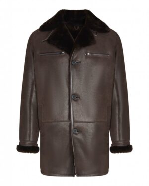 Kożuch męski w kolorze ciemnobrązowym z futrzanym kołnierzem i zapięciem na guziki