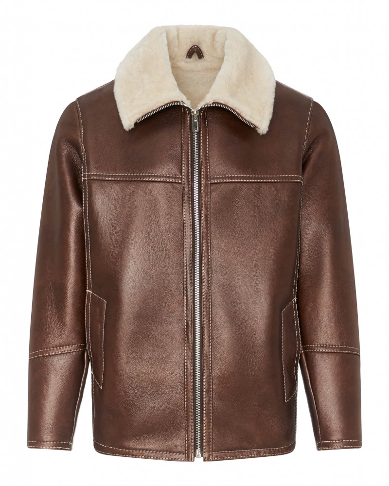 Kożuch męski w brązowym kolorze z kołnierzem z futra i zamkiem błyskawicznym z przodu