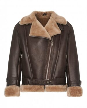 Kożuch damski w ciemnym odcieniu brązu z beżowym futrzanym kołnierzem i paskiem w talii