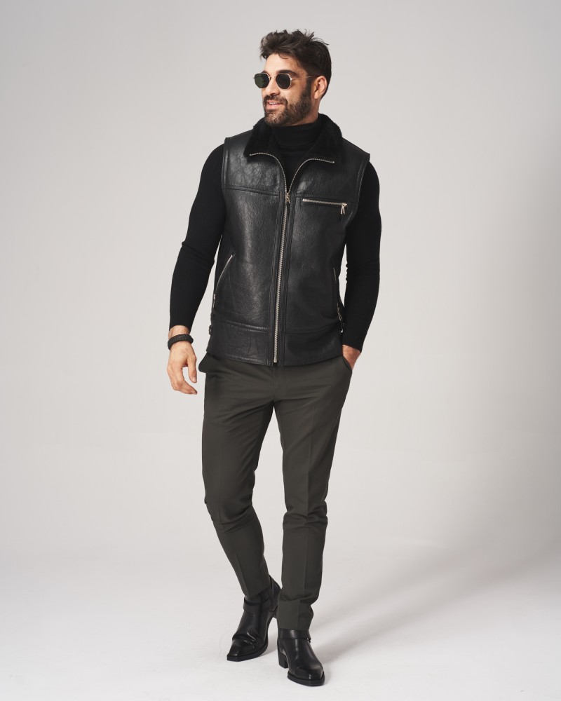 Kamizelka skórzana męska w kolorze czarnym z kołnierzem i zamkiem błyskawicznym