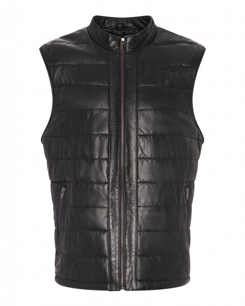 Kamizelka skórzana męska w kolorze czarnym, pikowana z wysokim kołnierzem i zamkiem błyskawicznym